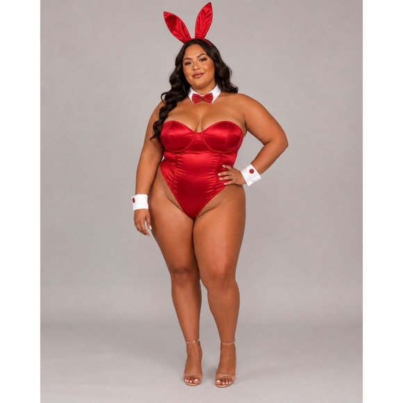 None Other - Red Satin Playboy Style Bunny Costume Set Bedazzled Ears Collar Cuffs Plus Size